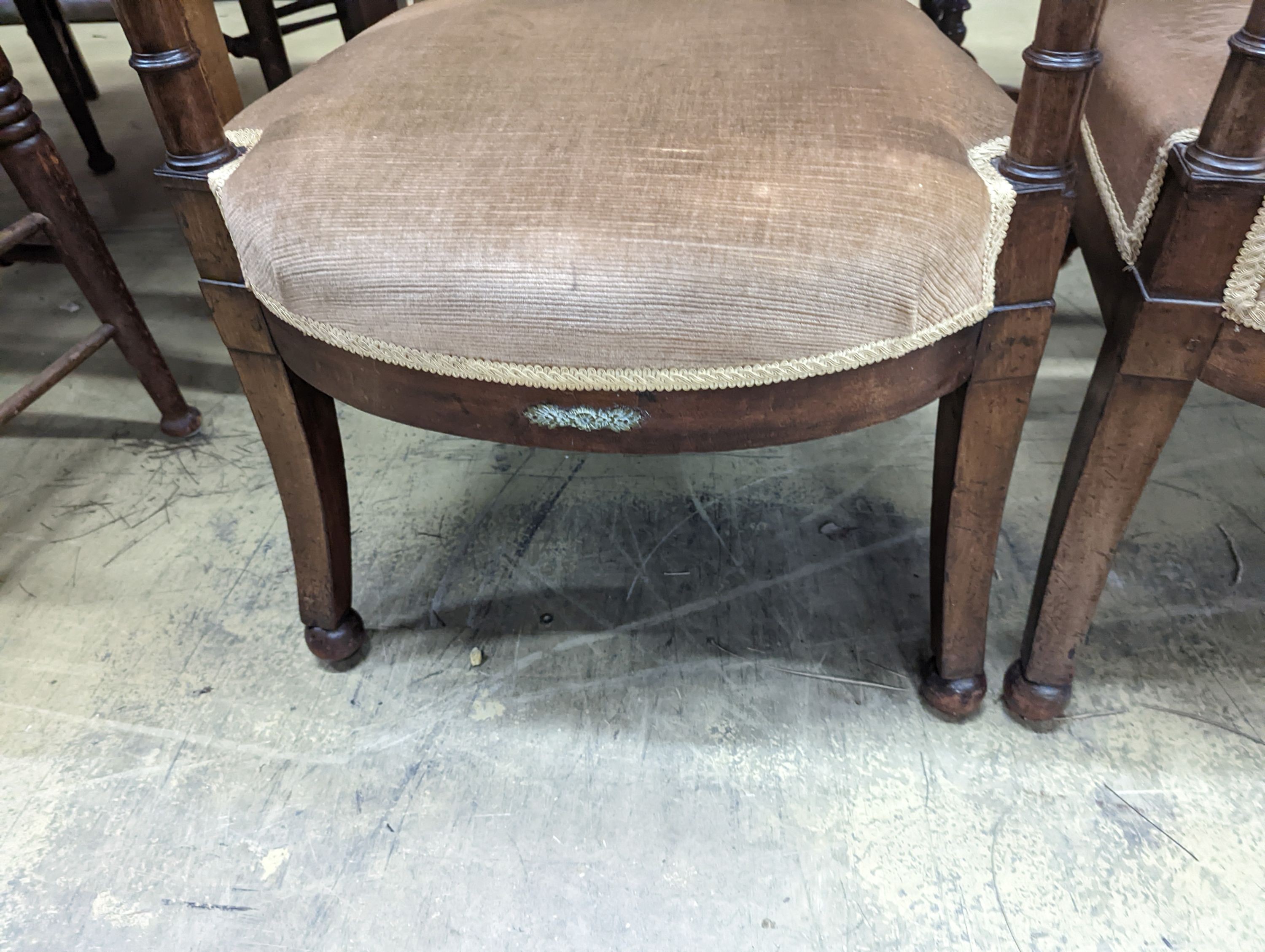 A pair of French Empire style mahogany gilt metal mounted elbow chairs, width 54cm, depth 50cm, height 96cm